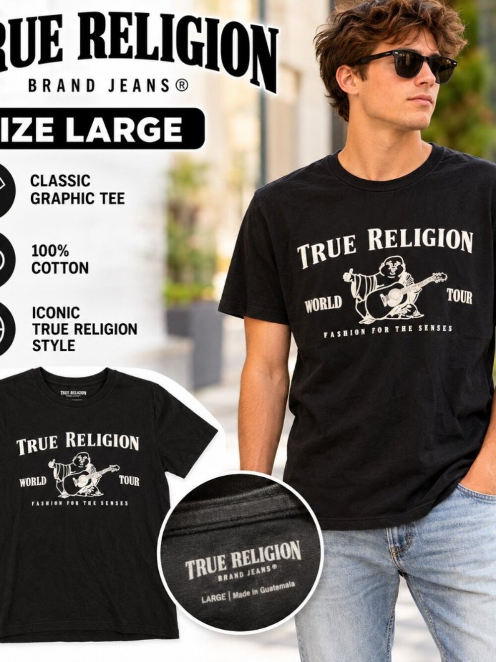 True Religion | World Tour Buddha Guitar Graphic T-Shirt | Black | Size Large